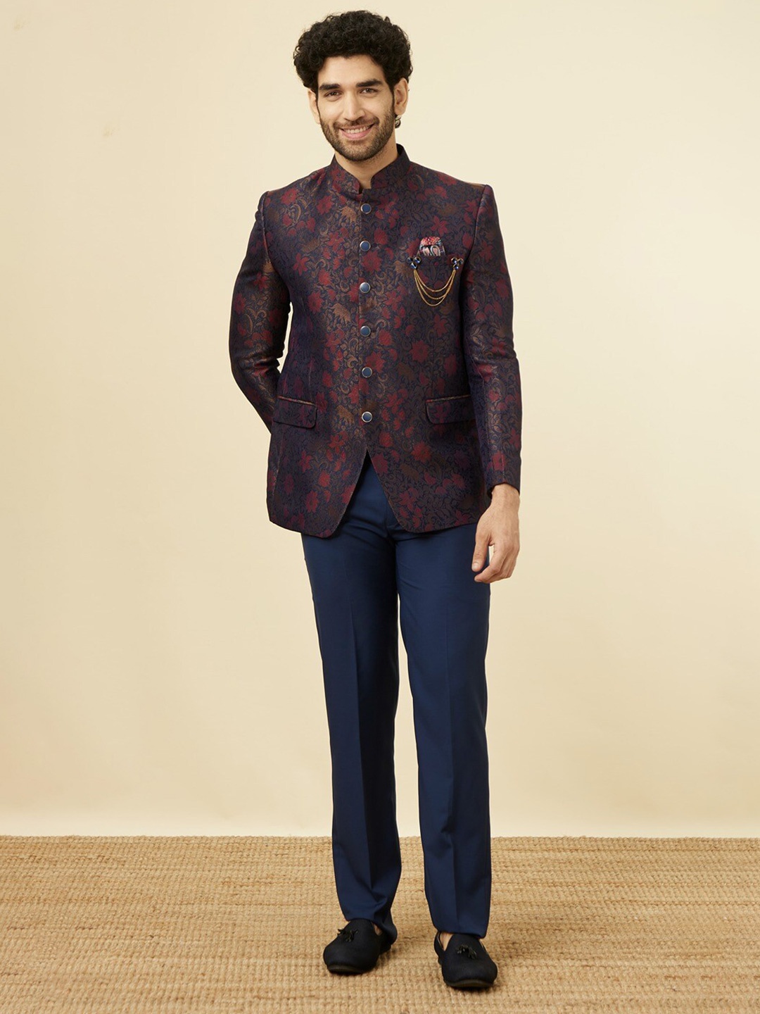 

Manyavar Self-Designed Single-Breasted Bandhgala Blazer Two-Piece Suit, Navy blue