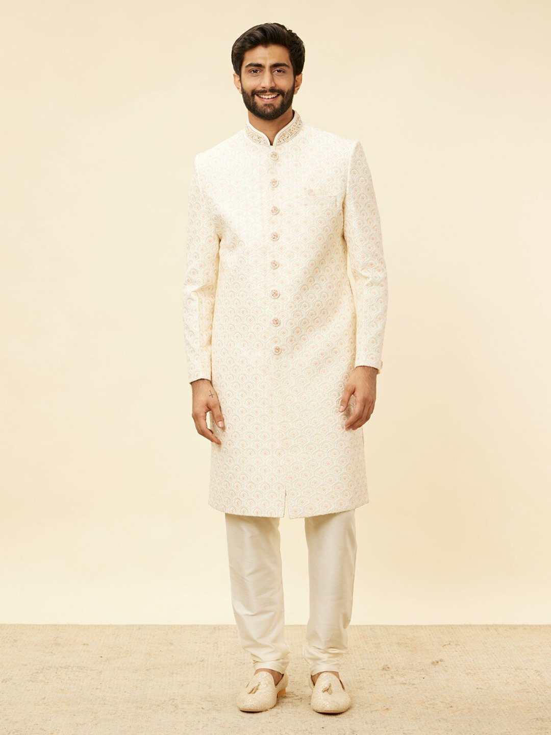 

Manyavar Mandarin Collar Embroidered Sherwani Set, Cream