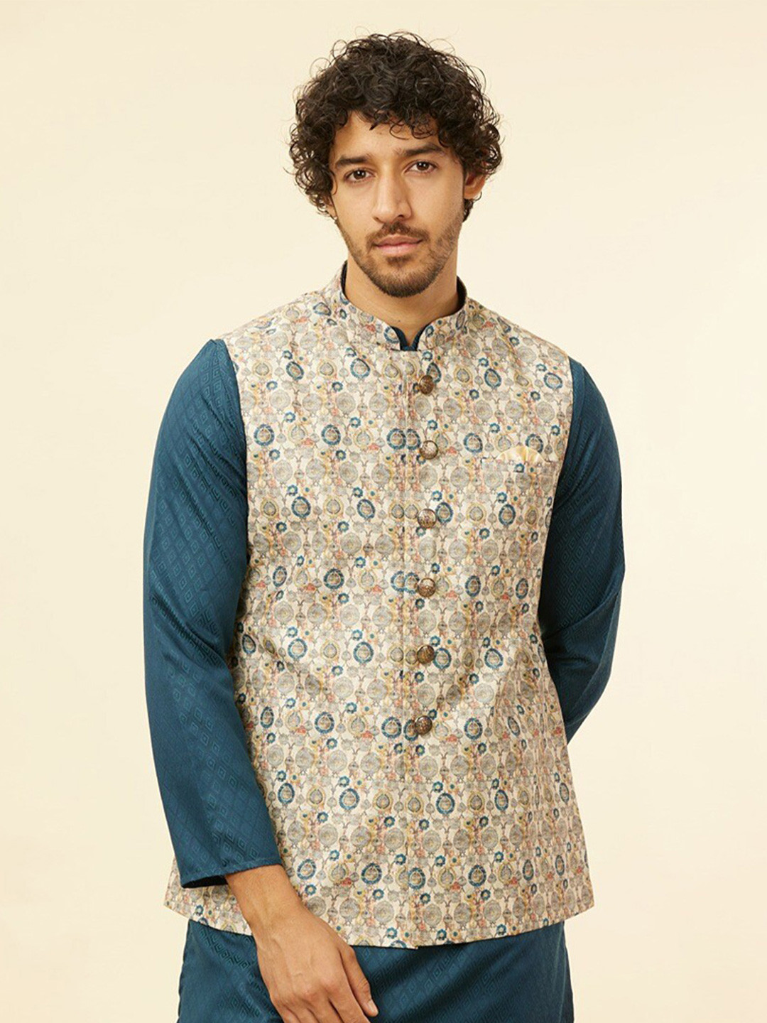 

Manyavar Woven Design Mandarin Collar Nehru Jacket, Beige