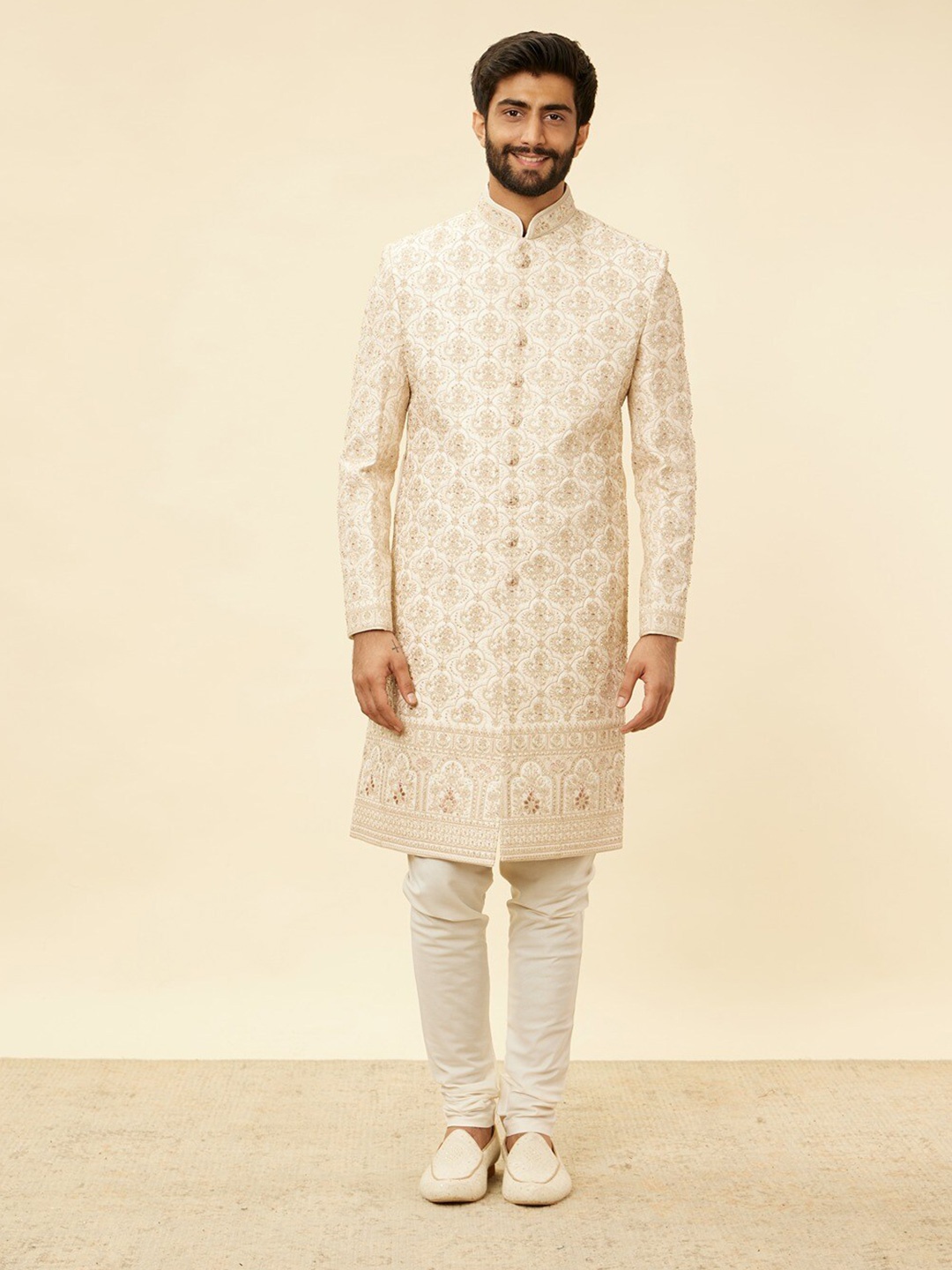 

Manyavar Mandarin Collar Embroidered Sherwani Set, Beige