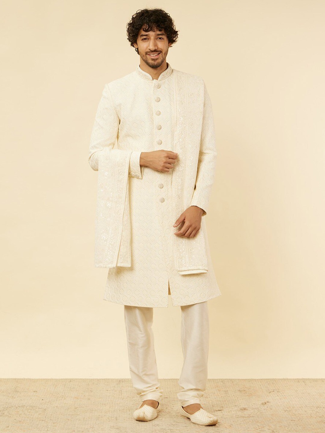 

Manyavar Embroidered Georgette Sherwani With Pyjamas and Dupatta, Cream