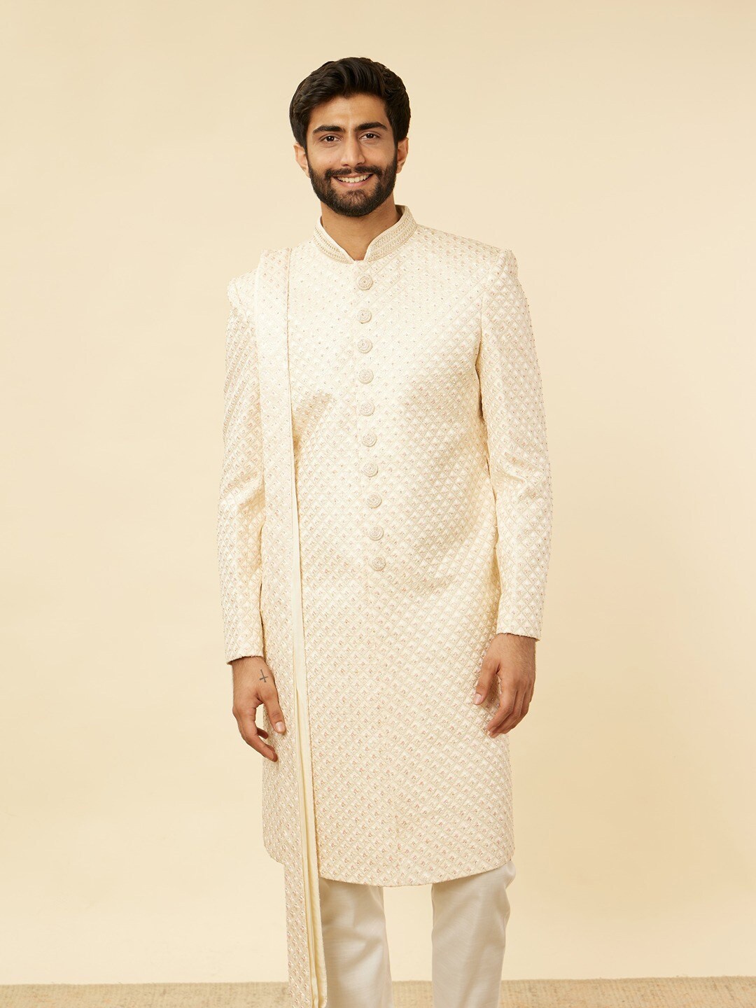 

Manyavar Mandarin Collar Embroidered Sherwani Set, Cream
