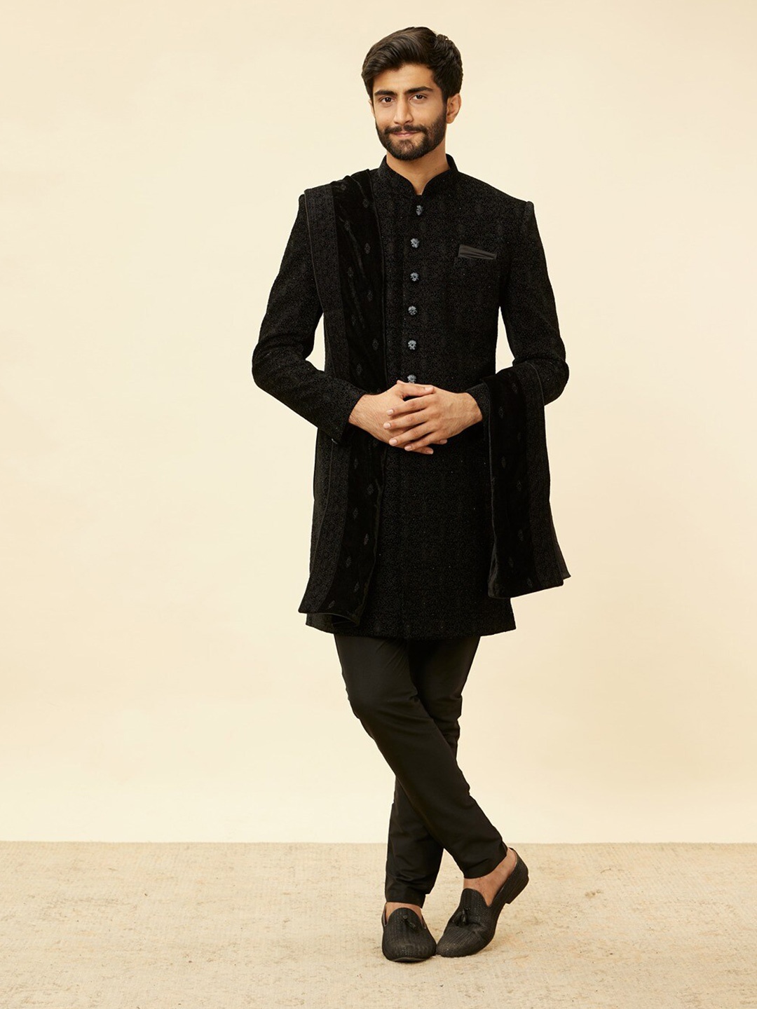 

Manyavar Embroidered Velvet Indo Western Sherwani Set, Black