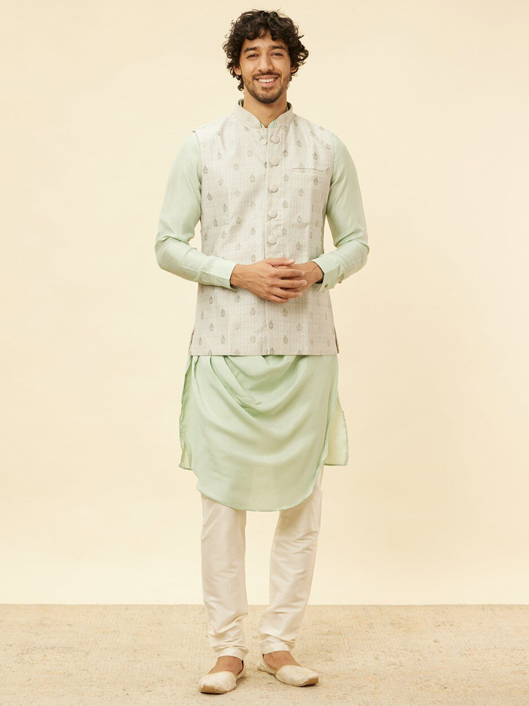

Manyavar Woven Design Mandarin Collar Nehru Jacket, Green