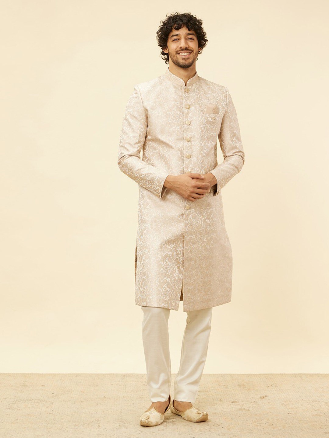 

Manyavar Self Design Sherwani With Pyjamas, Beige