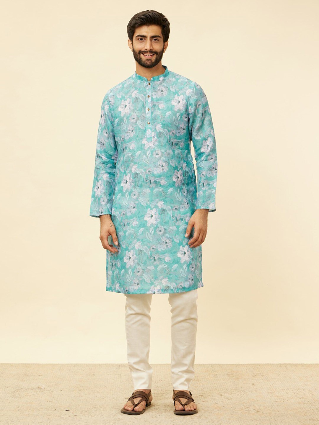 

Manyavar Floral Thread Work Mandarin Collar Kurta, Blue