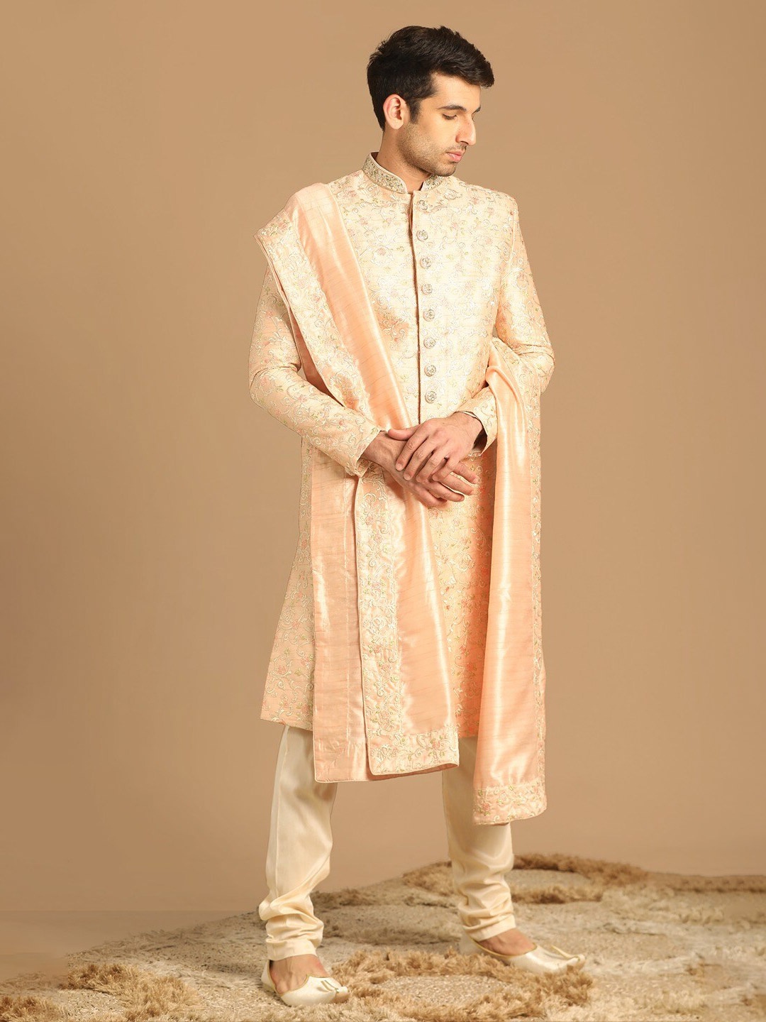 

Manyavar Embroidered Sherwani With Churidar and Dupatta, Peach