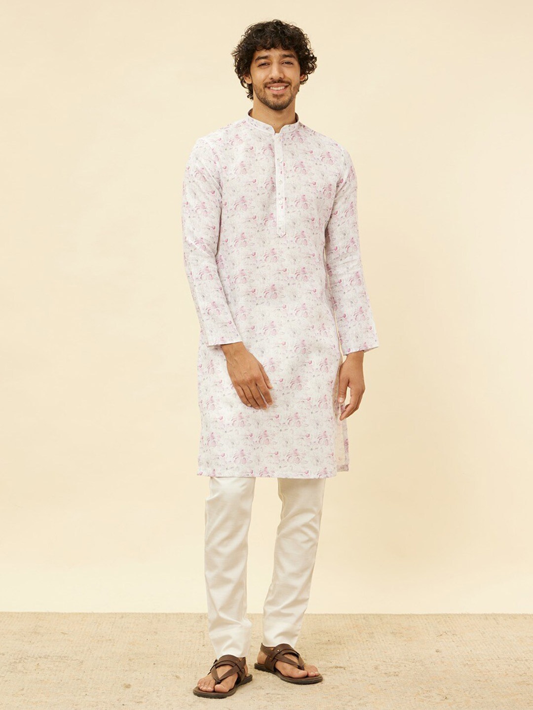 

Manyavar Floral Printed Mandarin Collar Cotton Straight Kurta, Off white