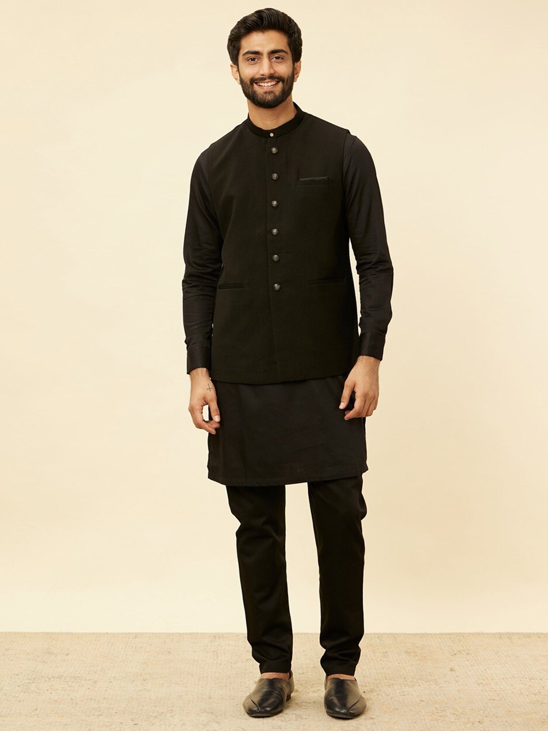 

Manyavar Self-Design Mandarin Collar Nehru Jackets, Black