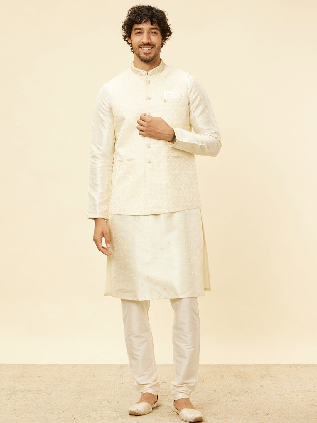 

Manyavar Woven Design Mandarin Collar Nehru Jacket, Cream