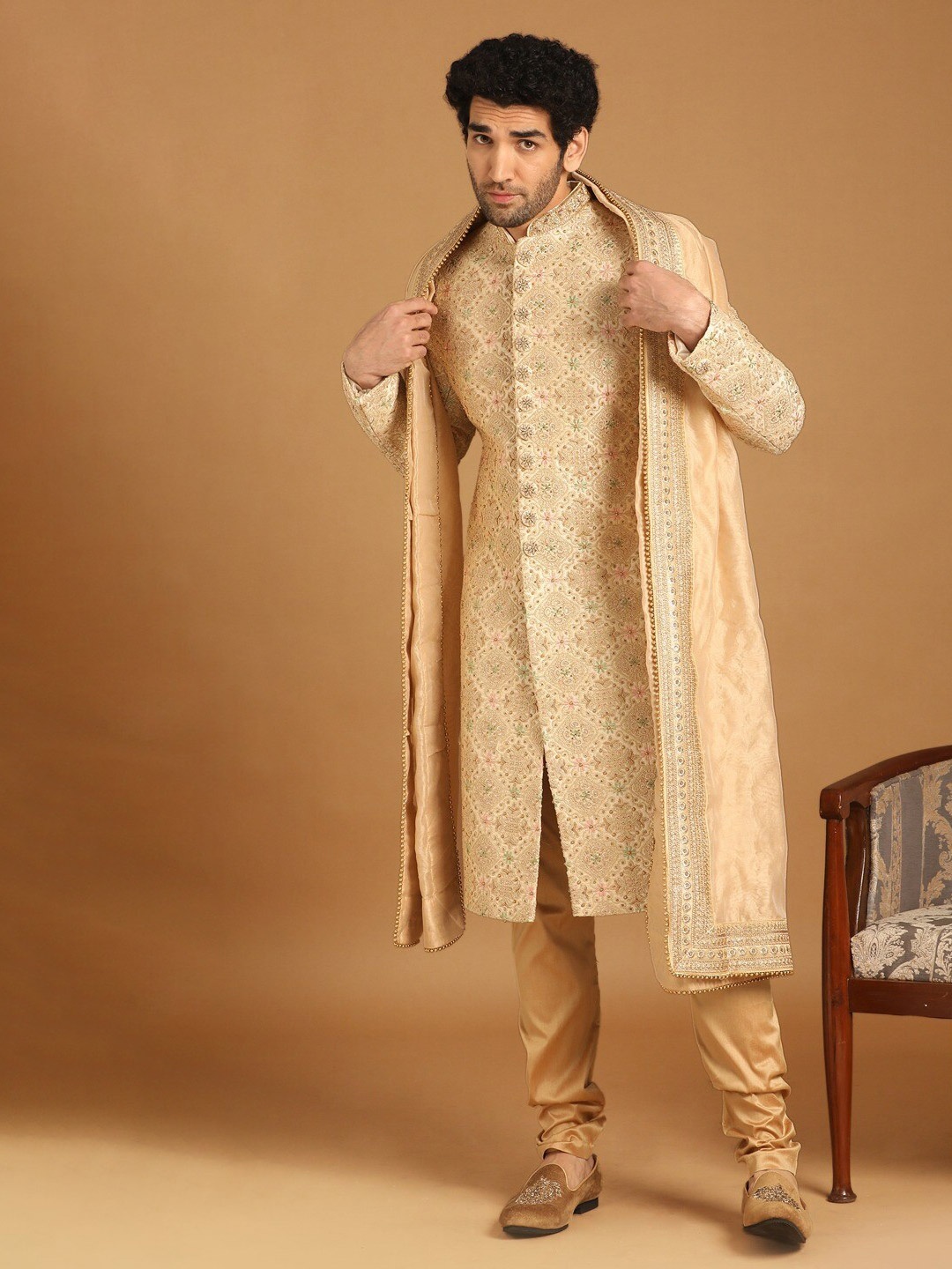 

Manyavar Embroidered Sherwani With Pyjamas and Dupatta, Beige