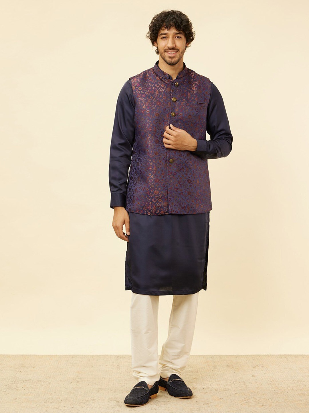 

Manyavar Woven Design Mandarin Collar Nehru Jacket, Blue