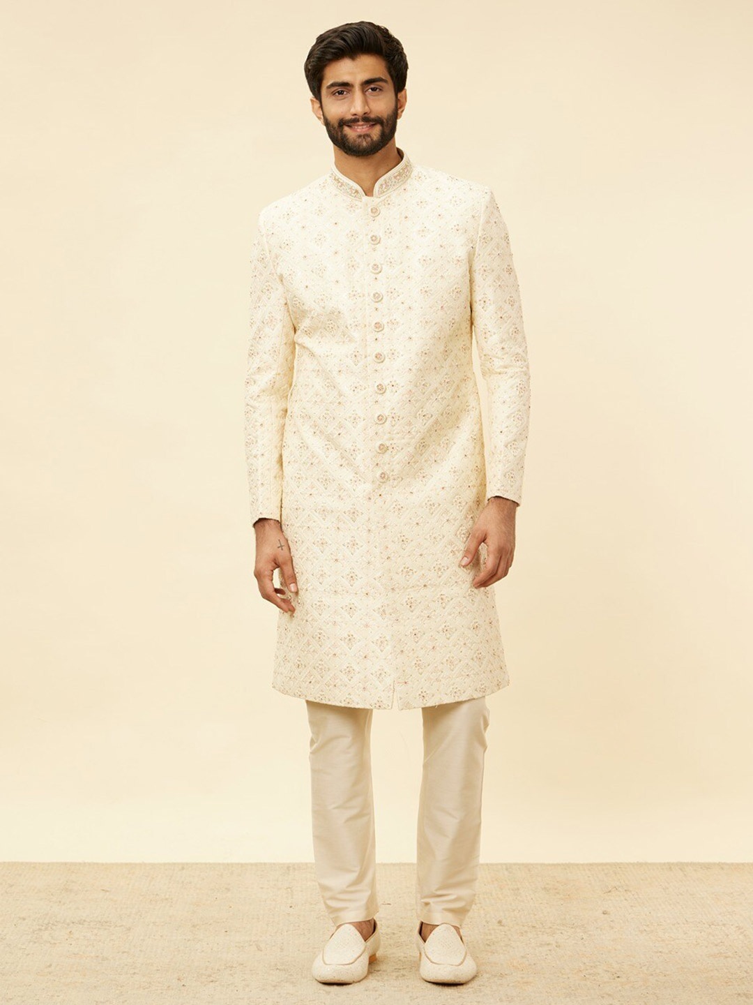 

Manyavar Mandarin Collar Embroidered Sherwani Set, Cream