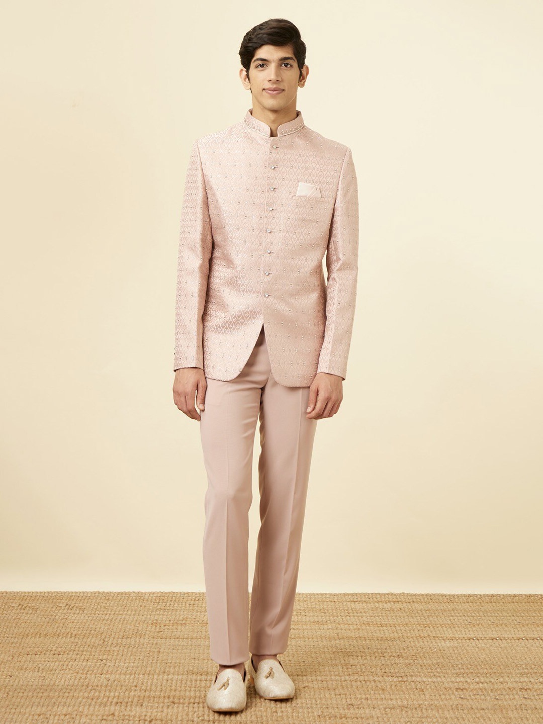 

Manyavar Self Designed Single Breasted Three Piece Party Suit, Pink