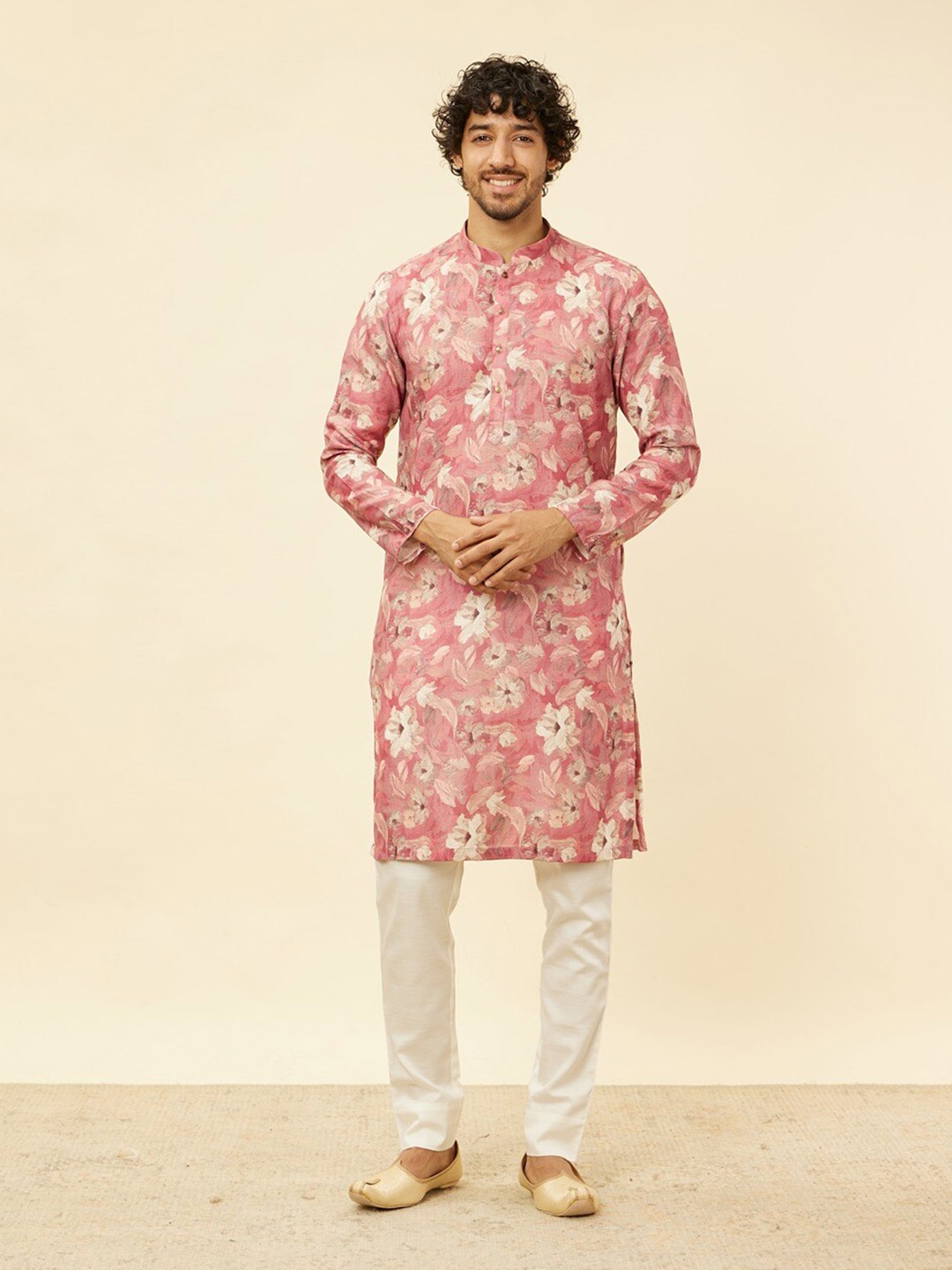 

Manyavar Coral Floral Printed Mandarin Collar Kurta
