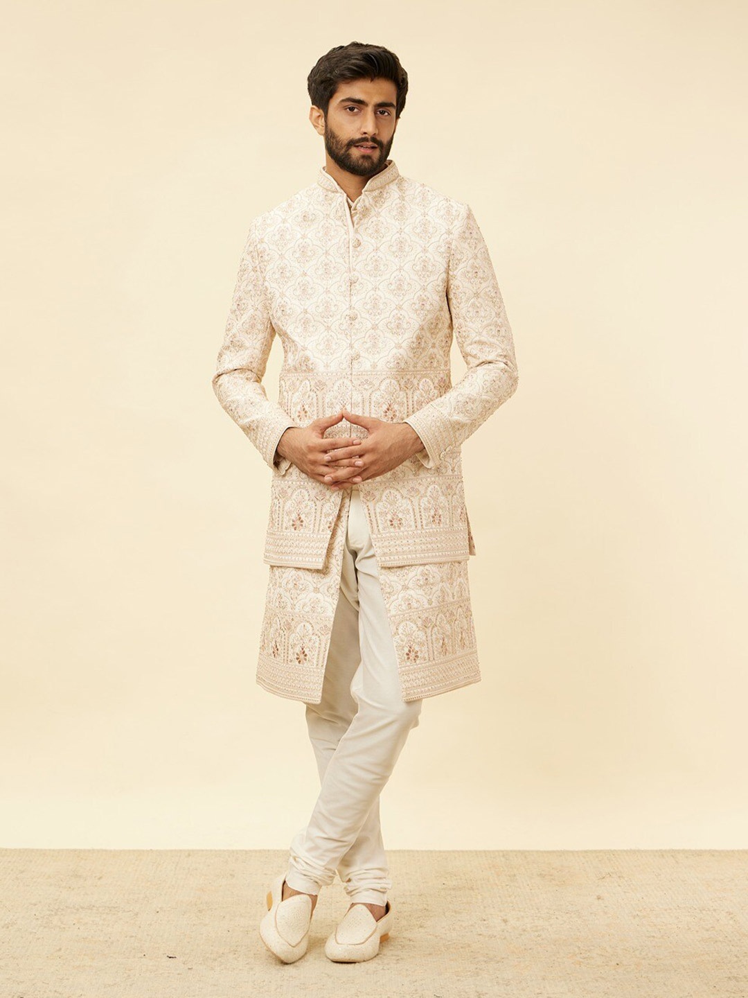 

Manyavar Mandarin Collar Embroidered Sherwani Set, Beige