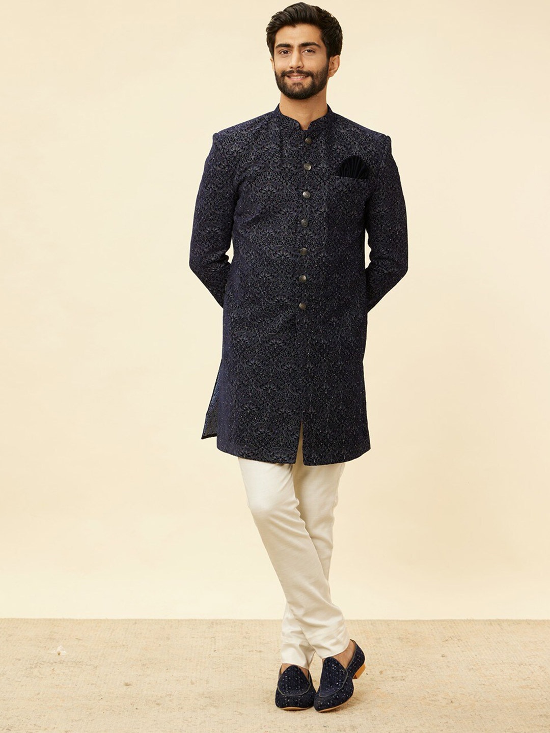 

Manyavar Self-Design Velvet Sherwani With Trousers, Grey