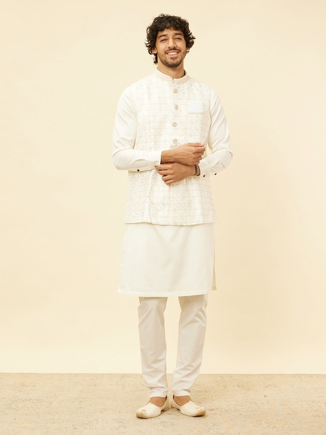 

Manyavar Woven Design Sequined Nehru Jacket, Off white