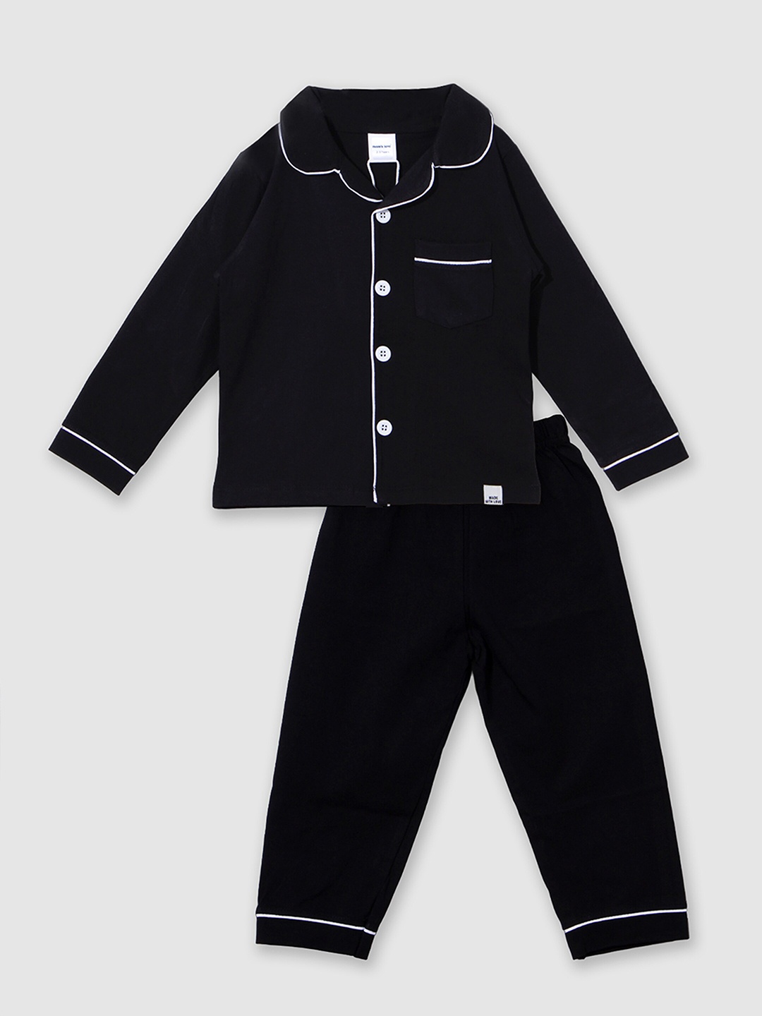 

Moms Love Kids Lapel Collar Long Sleeves Organic Cotton Night suit, Black
