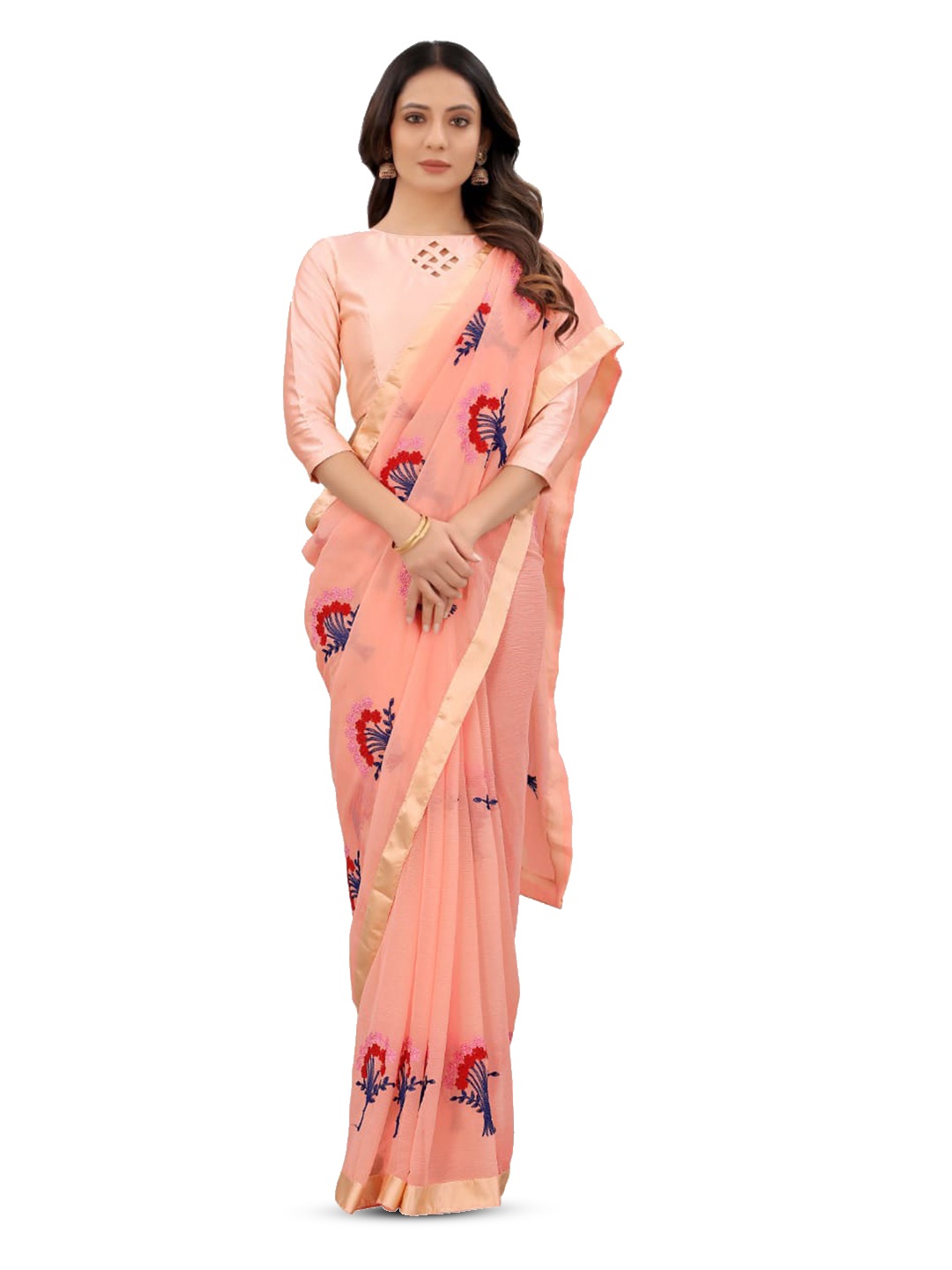 

risila Floral Embroidered Pure Chiffon Saree, Peach