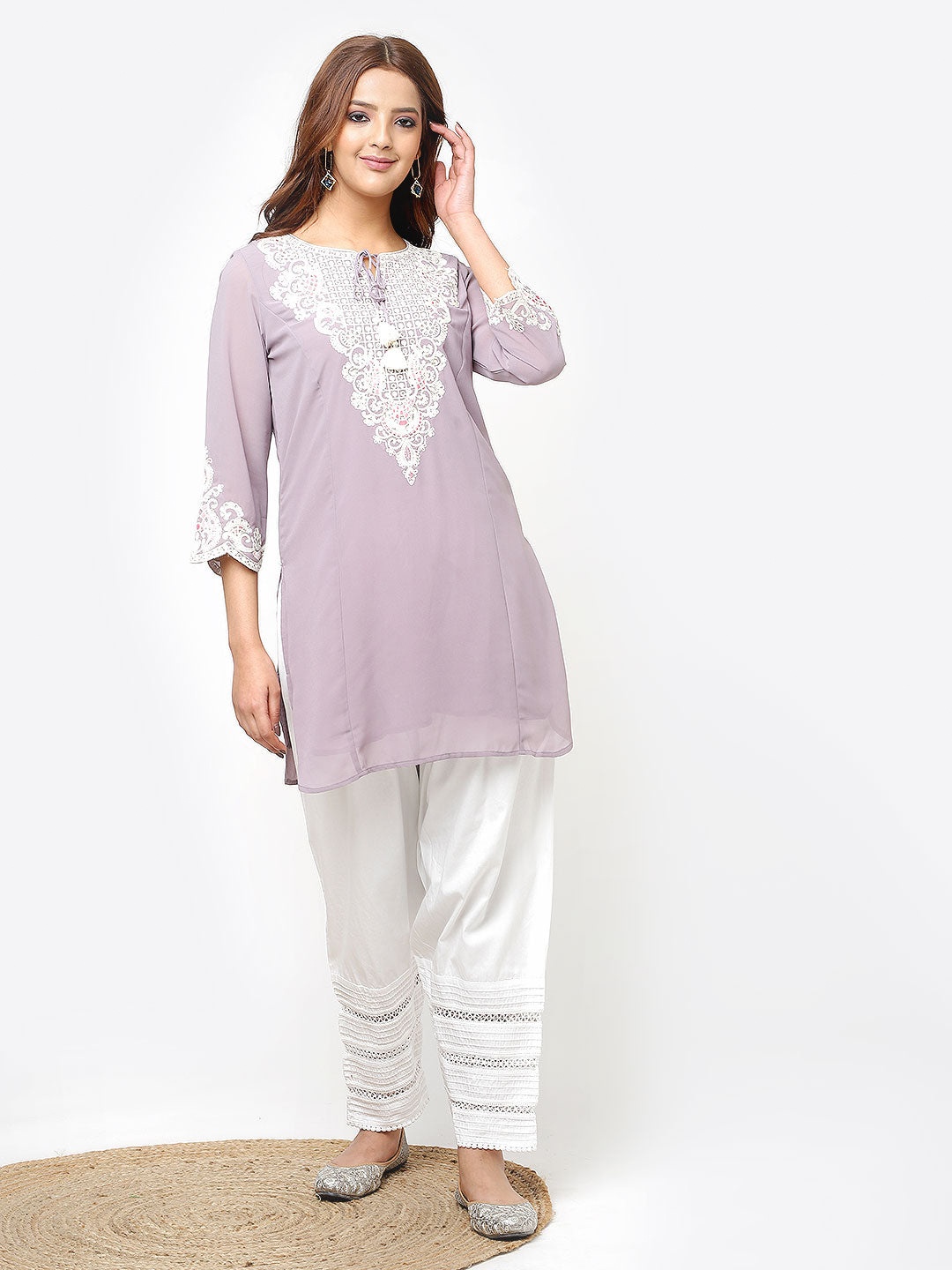 

Lakshita Keyhole Neck Embroidered Pure Georgette Tunic, Lavender