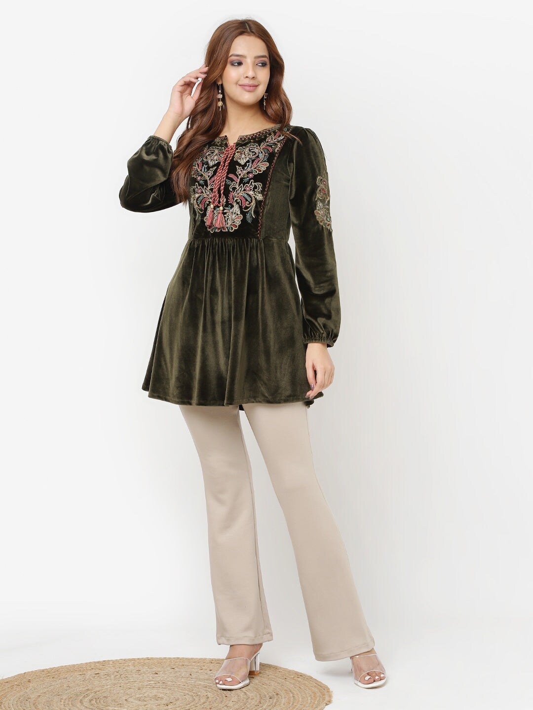 

Lakshita Keyhole Neck Embroidered Velvet Tunic, Olive