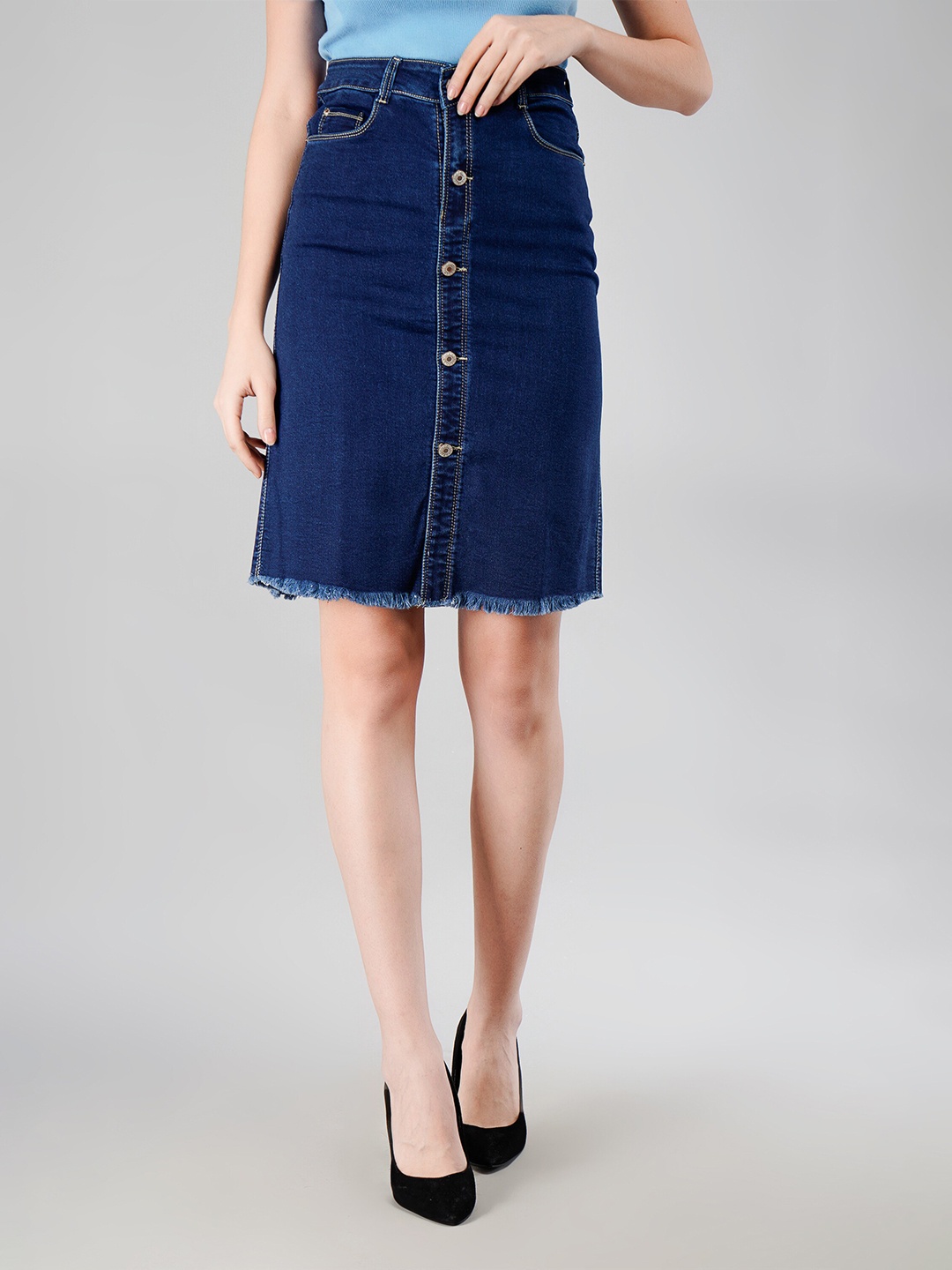 

BESIMPLE Women Mid-Rise Knee-Length A-Line Denim Skirt, Blue