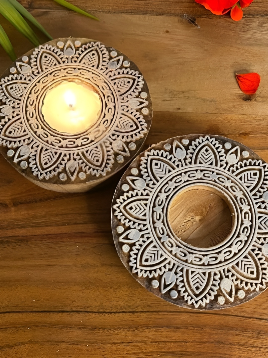 

Satyam Kraft Brown 2 Pieces Textured Wooden Candle Holders