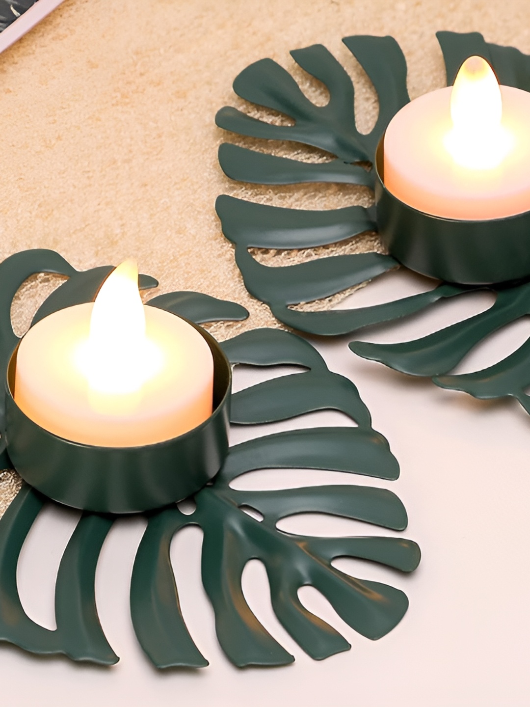 

Satyam Kraft Green 2 Pieces Textured Wooden Candle Holders