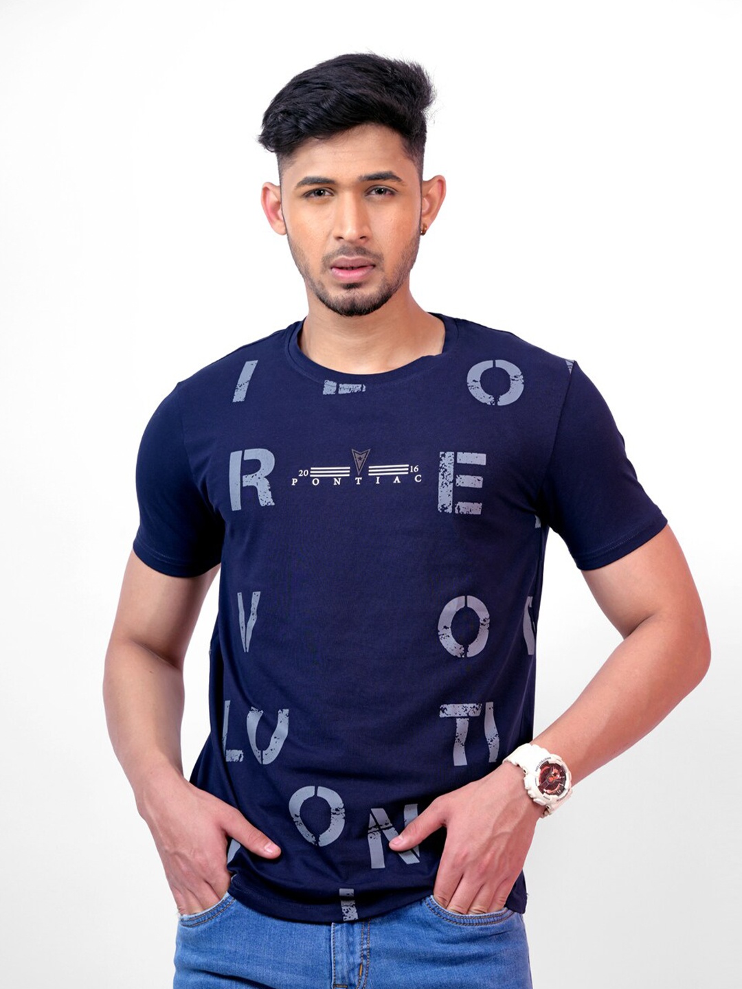 

Pontiac Typography Printed Round Neck Cotton T-shirt, Navy blue