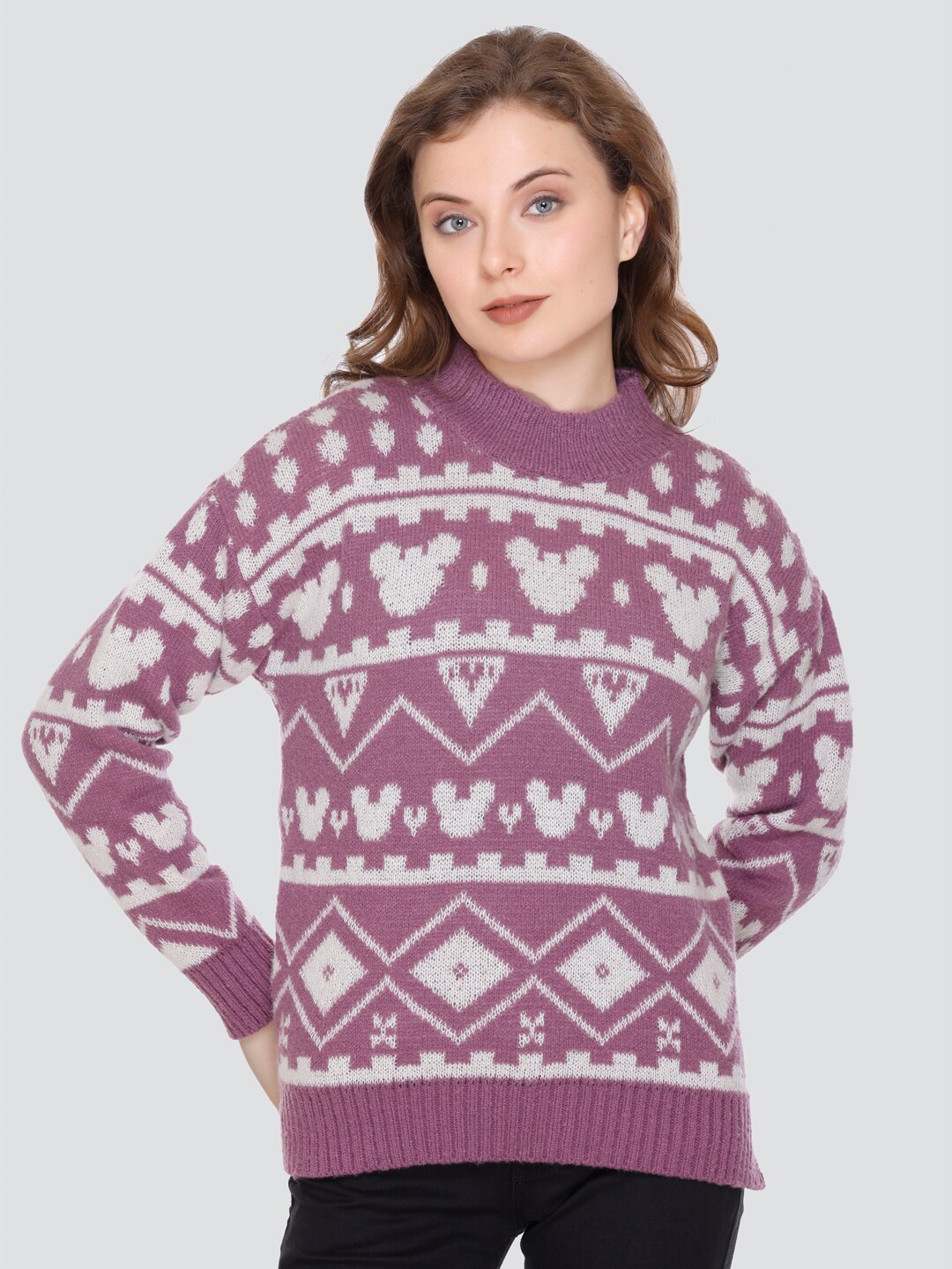 

GOSHA & MAU Geometric Self Design High Neck Woollen Pullover Sweater, Purple