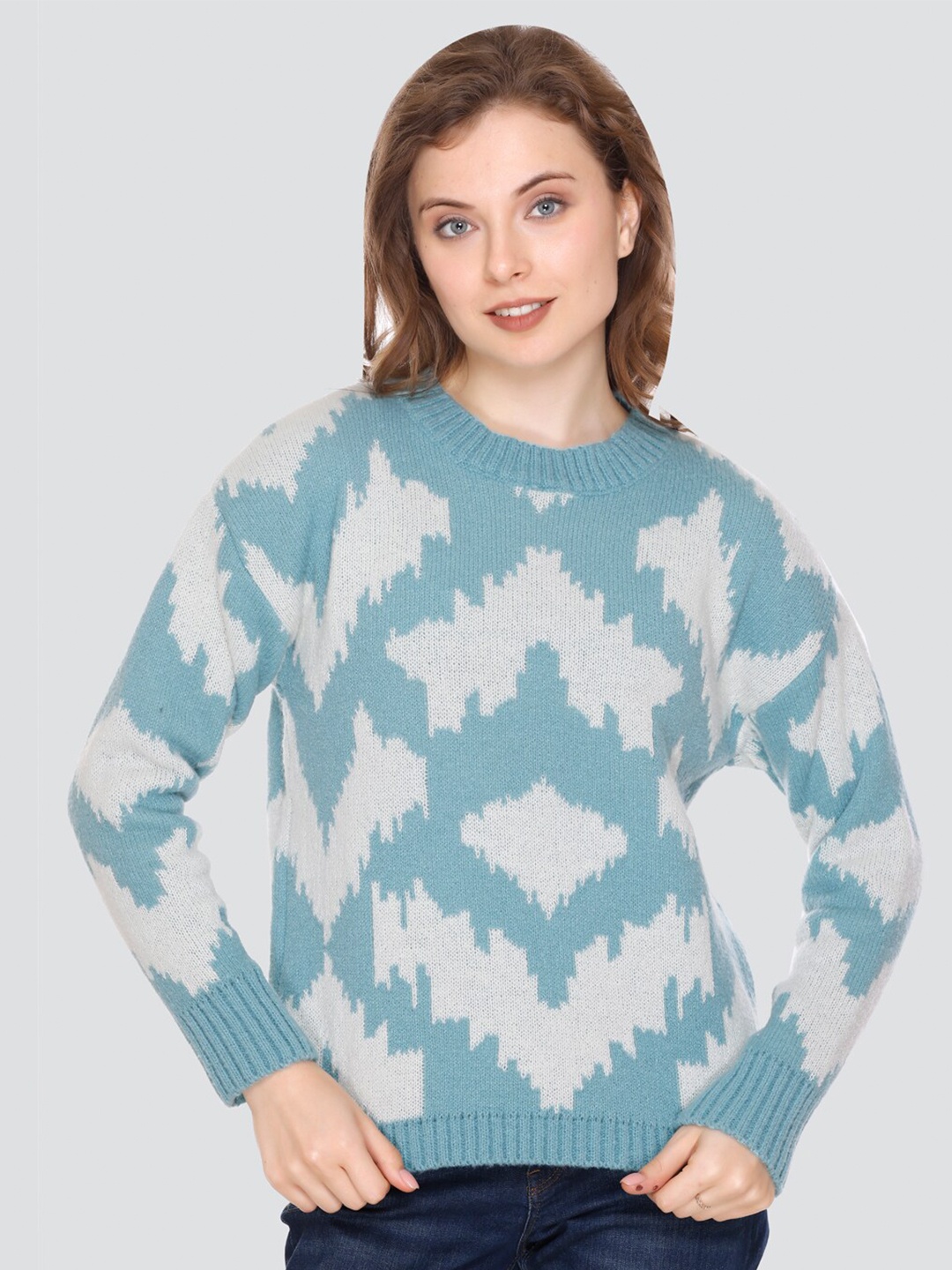 

GOSHA & MAU Abstract Self Design Woollen Pullover Sweater, Blue