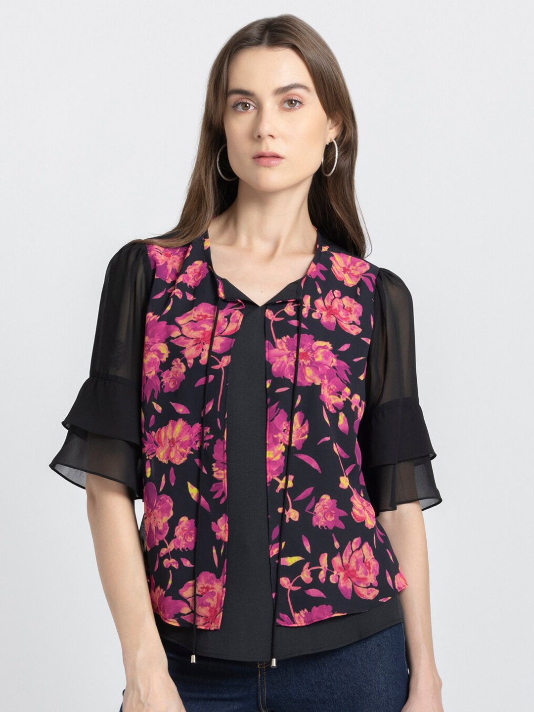 

SHAYE Floral Print Tie-Up Neck Top, Black