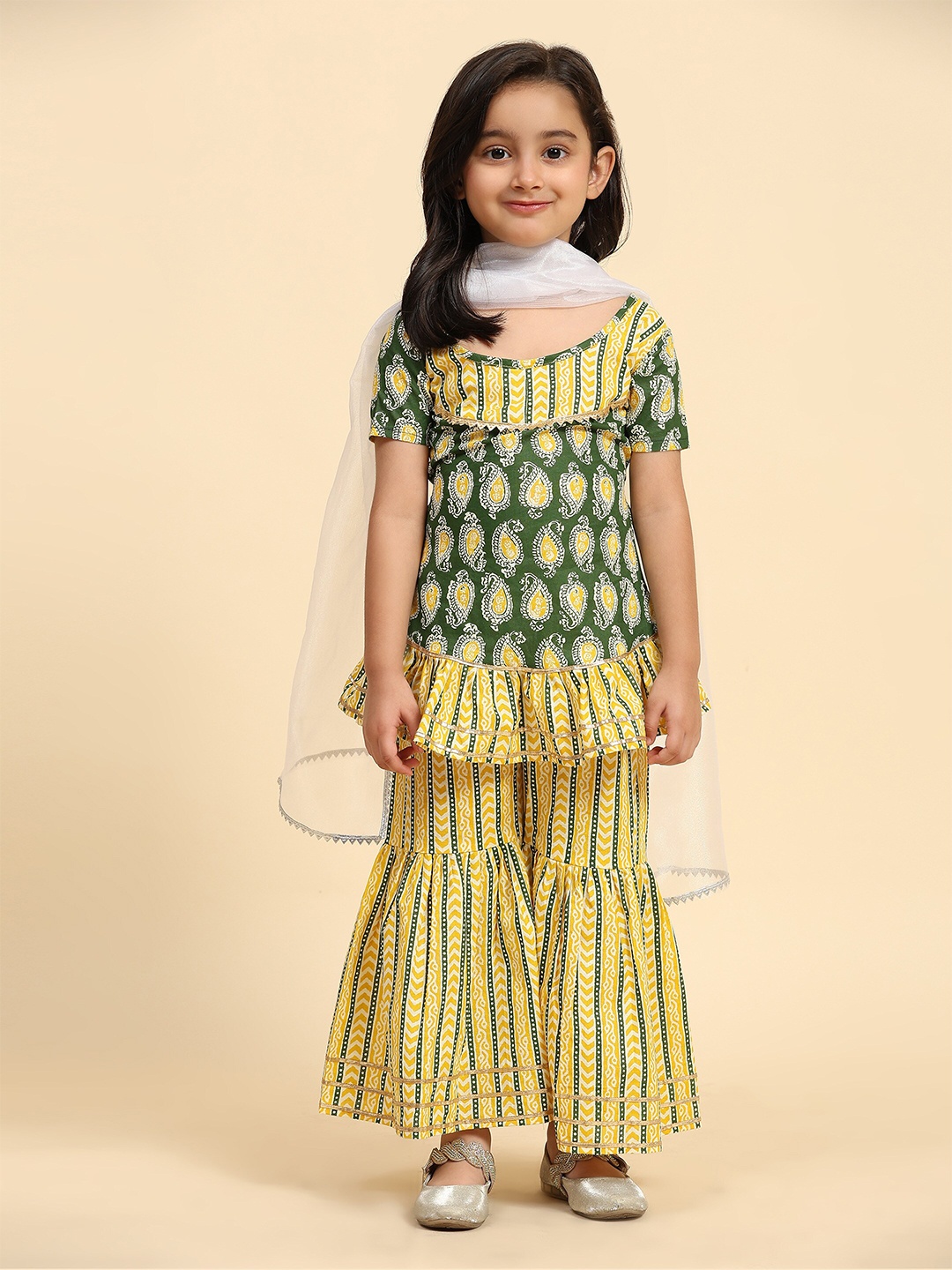 

SIDYAL Girls Floral Printed Gotta Patti Pure Cotton Kurta with Sharara & Dupatta, Yellow