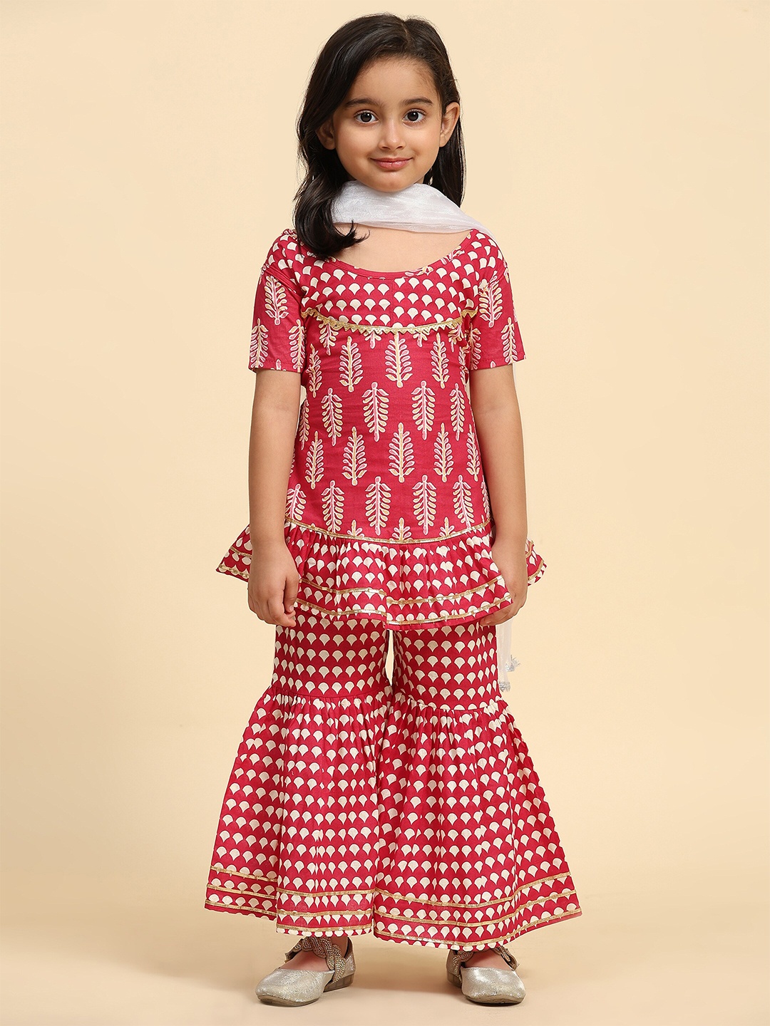 

SIDYAL Girls Floral Printed Gotta Patti Pure Cotton Kurta with Sharara & Dupatta, Red