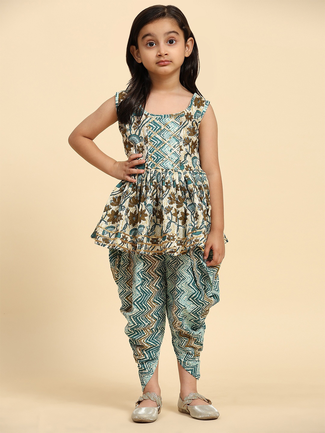 

SIDYAL Girls Floral Printed Gotta Patti A-Line Kurta With Dhoti Pant & Dupatta, Blue