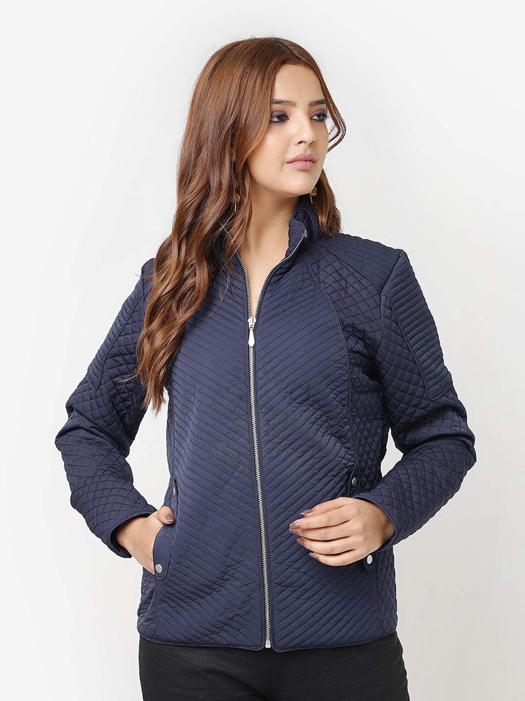 

Lakshita Stand Collar Quilted Jacket, Navy blue