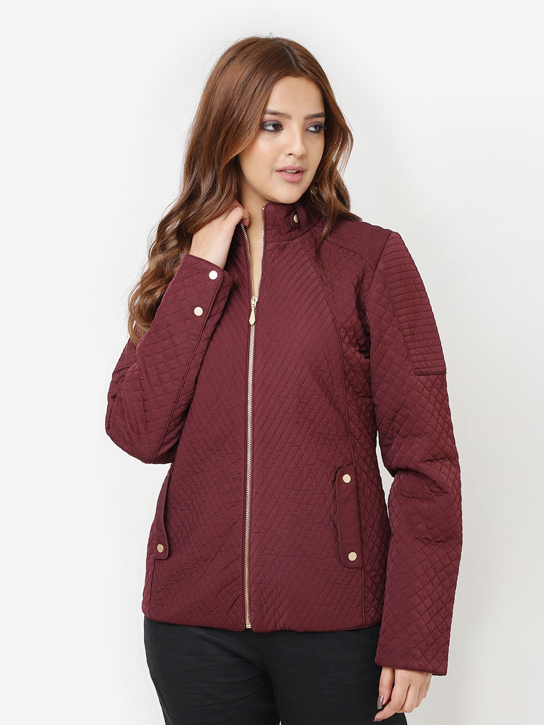 

Lakshita Stand Collar Quilted Jacket, Maroon