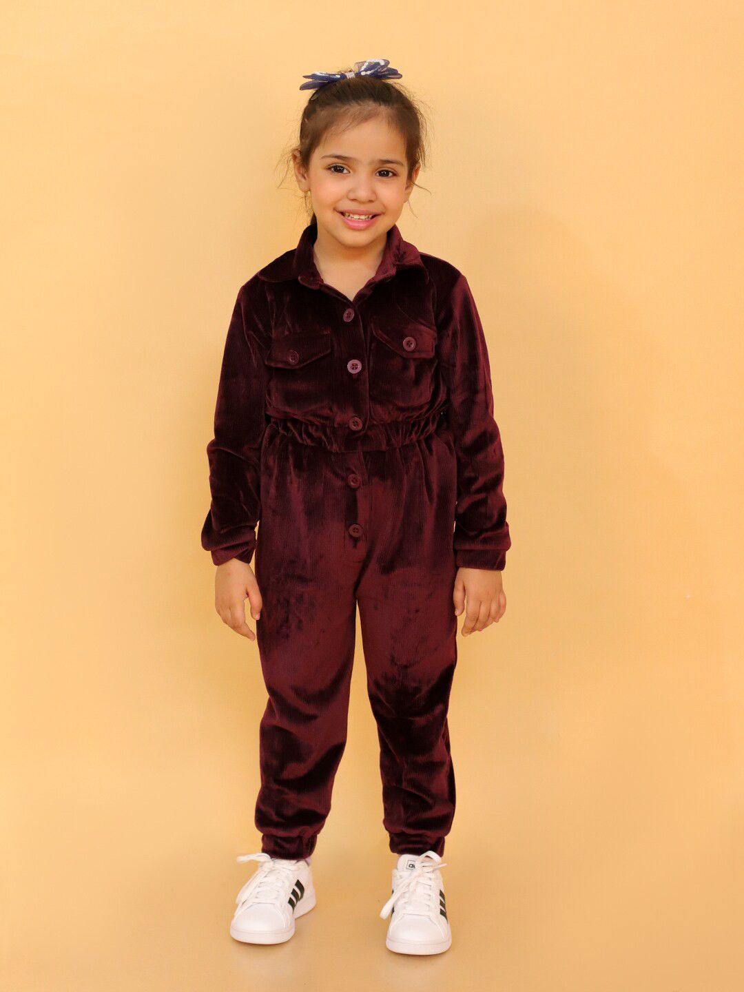 

Stuffie Land Girls Shirt Collar Long Sleeves Basic Jumpsuit, Burgundy