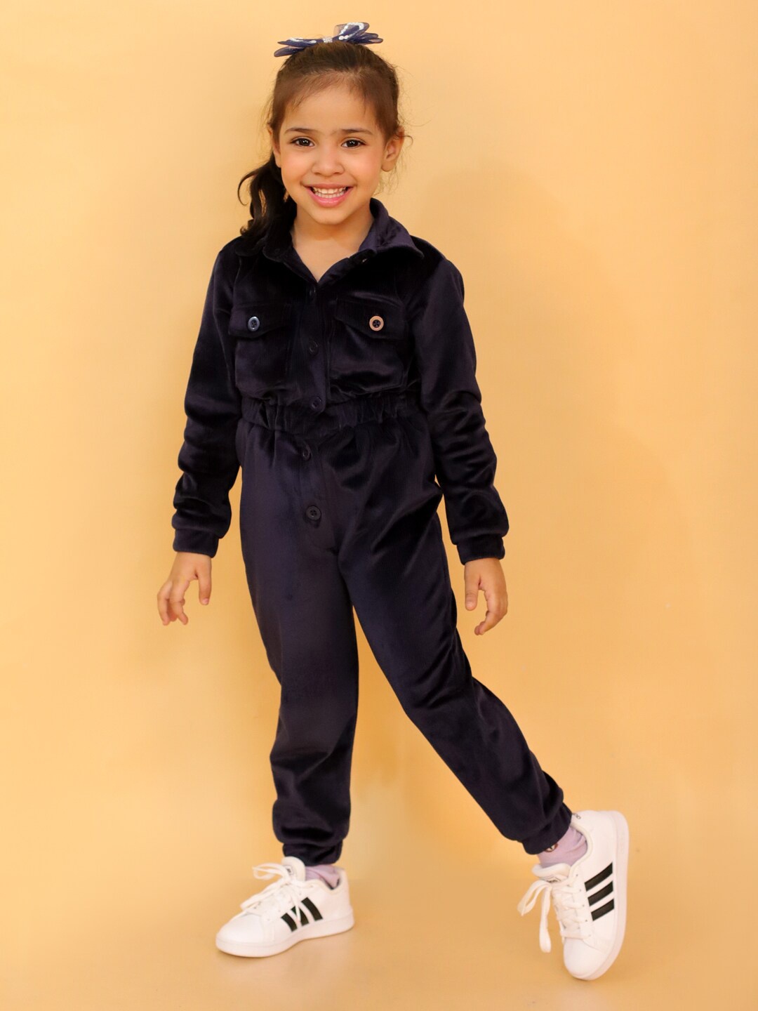 

Stuffie Land Girls Shirt Collar Long Sleeves Basic Jumpsuit, Navy blue