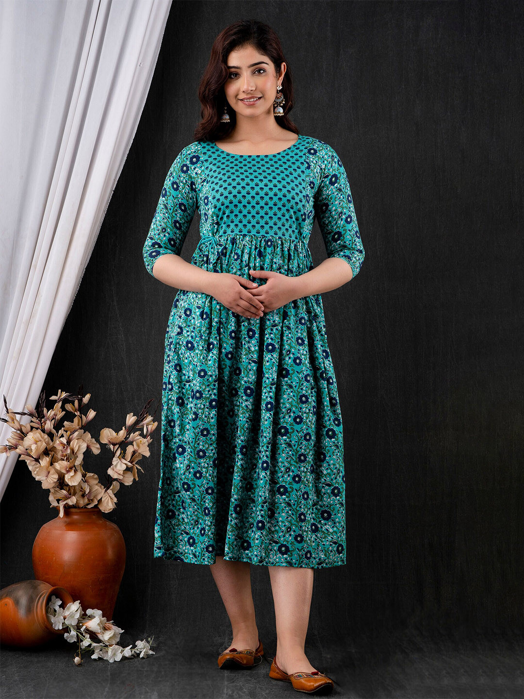 

Mialo fashion Floral Printed Round Neck Fit and Flare Maternity Kurta, Sea green