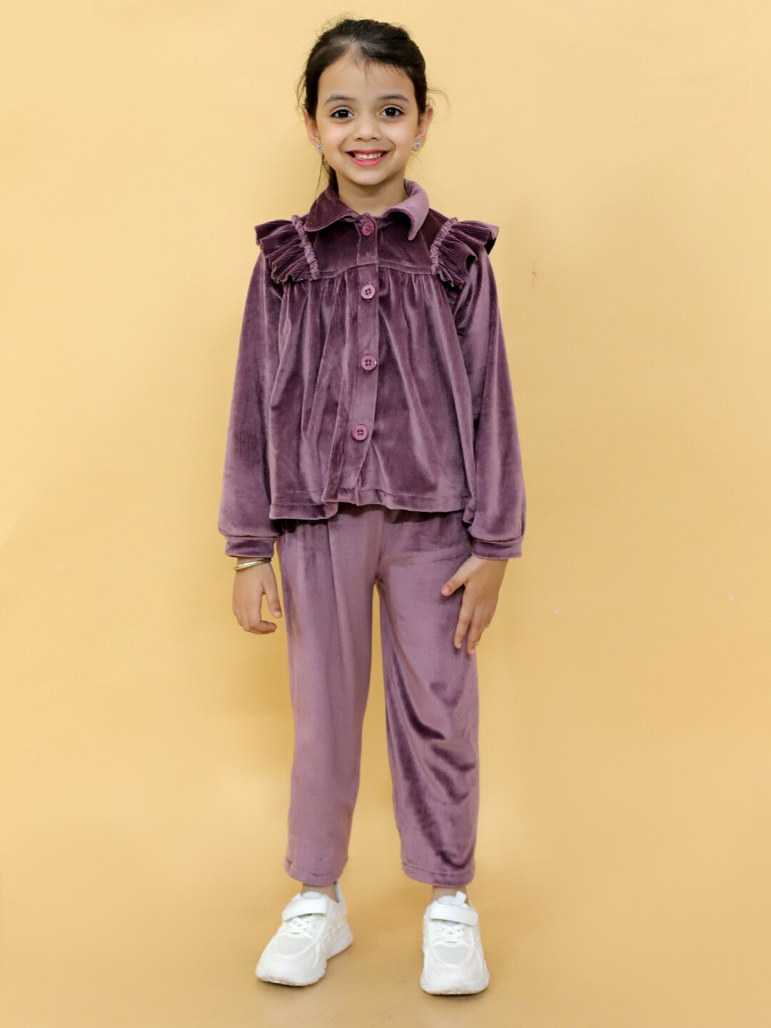 

Stuffie Land Girls Shirt Collar Long Sleeves Ruffled Night Suit, Purple
