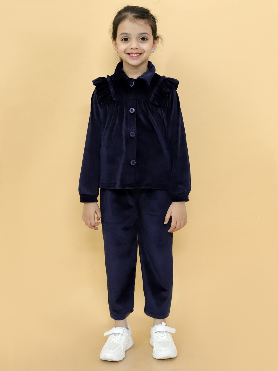 

Stuffie Land Girls Shirt Collar Long Sleeves Ruffled Night Suit, Navy blue