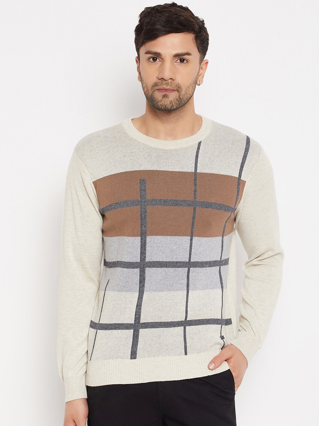 

Duke Checked Long Sleeves Acrylic Pullover, Beige