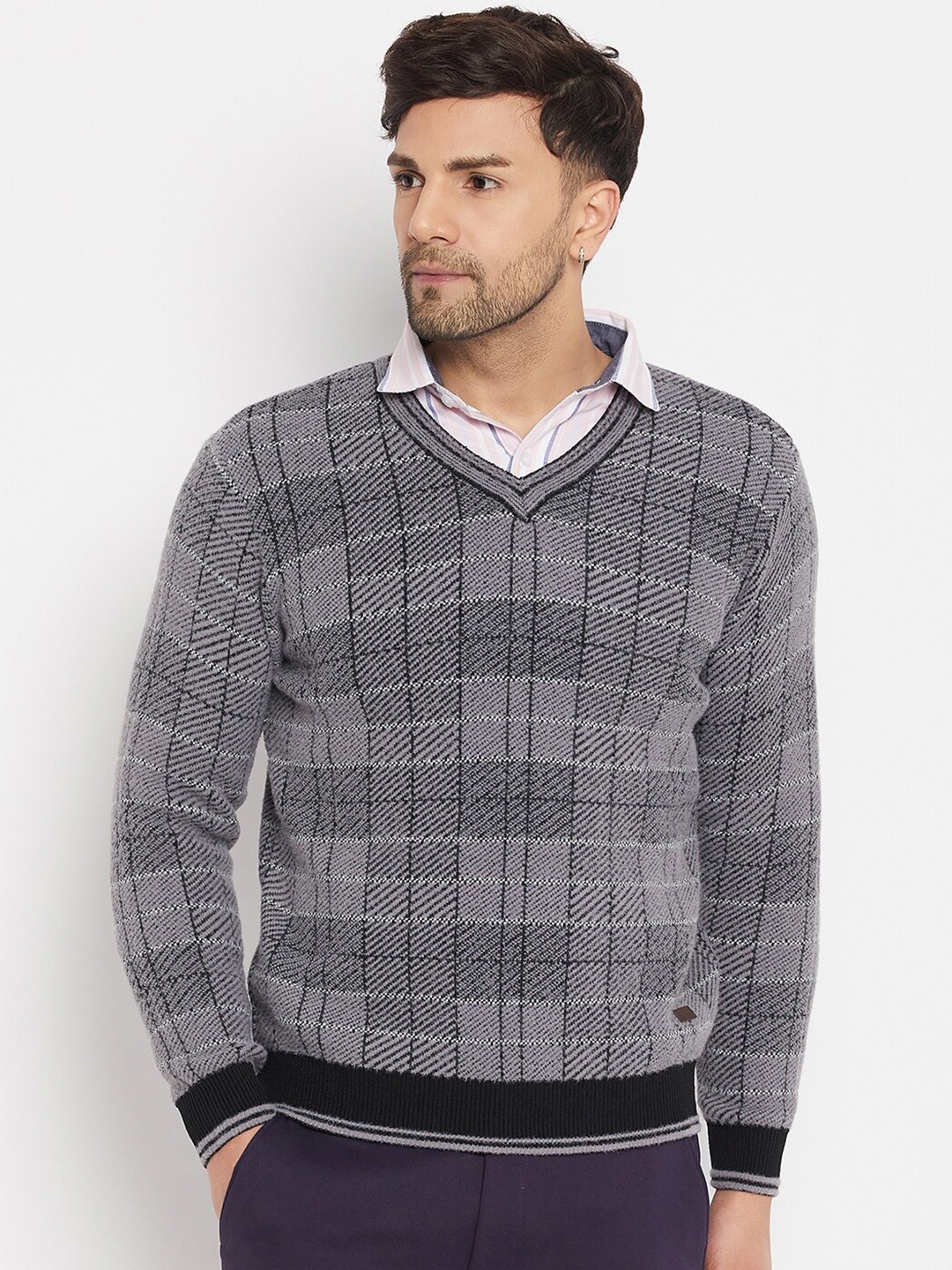 

Duke Checked Long Sleeves Acrylic Sweater Vest, Grey