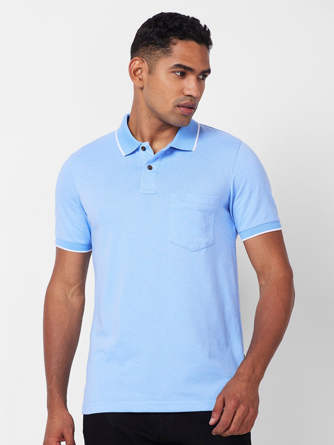 

CELSIUS Checked Cotton Polo Collar Pockets Casual T-shirt, Blue