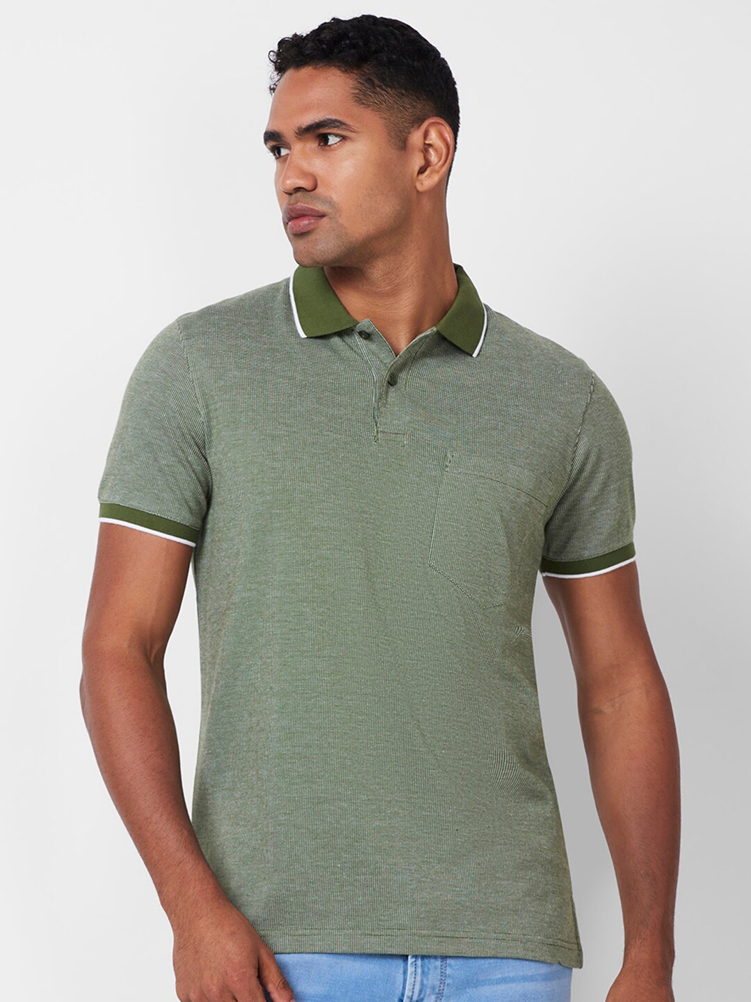 

CELSIUS Small Checks Jaquard Regular Fit Polo Collar Pockets T-shirt, Green