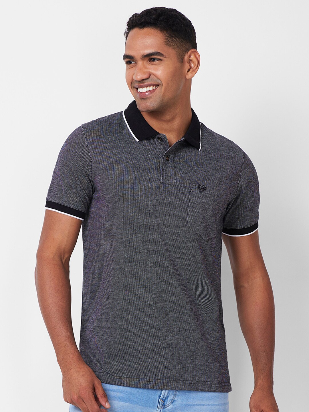 

CELSIUS Regular Fit Small Checks Polo Collar Cotton Casual T-Shirt, Black