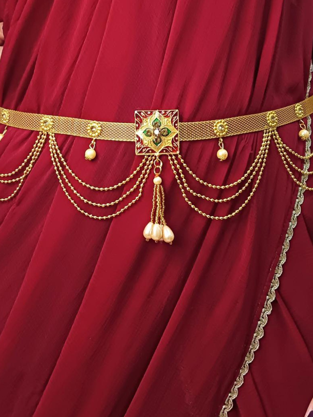 

Efulgenz Stone Studded Beaded Waist Chain Kamarbandh, Gold