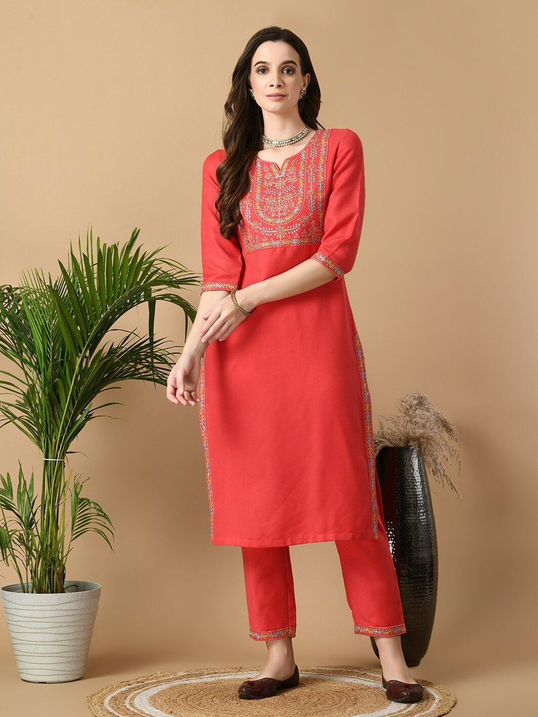 

KALINI Ethnic Motifs Yoke Design Straight Kurta with Trousers, Coral